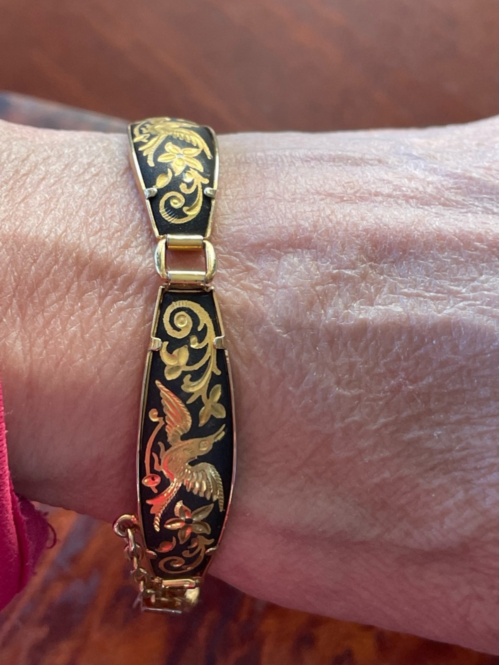 Vintage Midas Damascene Toledoware Spanish Gold Black Floral Bird Link Bracelet
